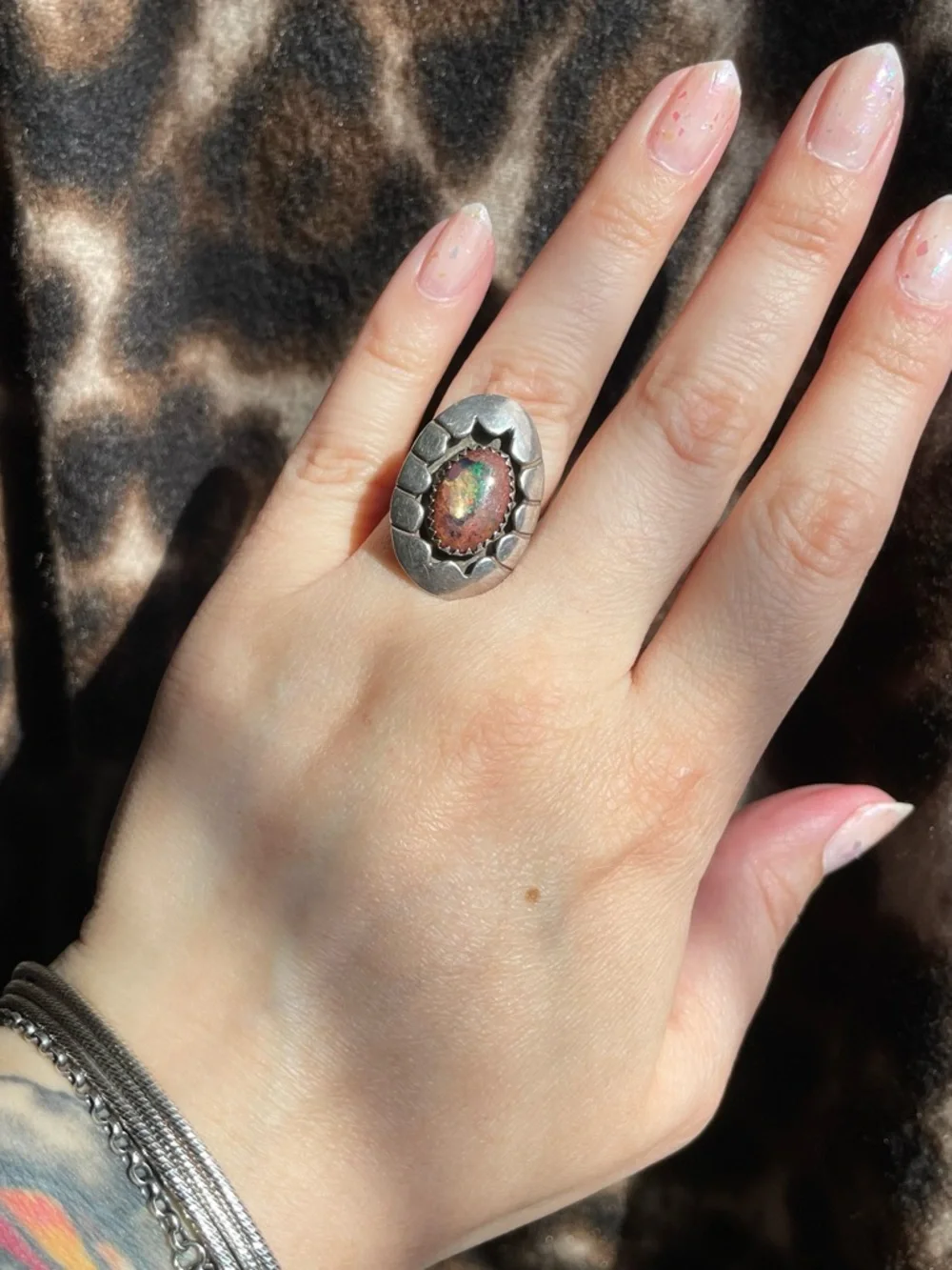 Mexican Cantera Opal Sterling Silver Vintage Handmade Concho Shadowbox Ring - Picture 3 of 10